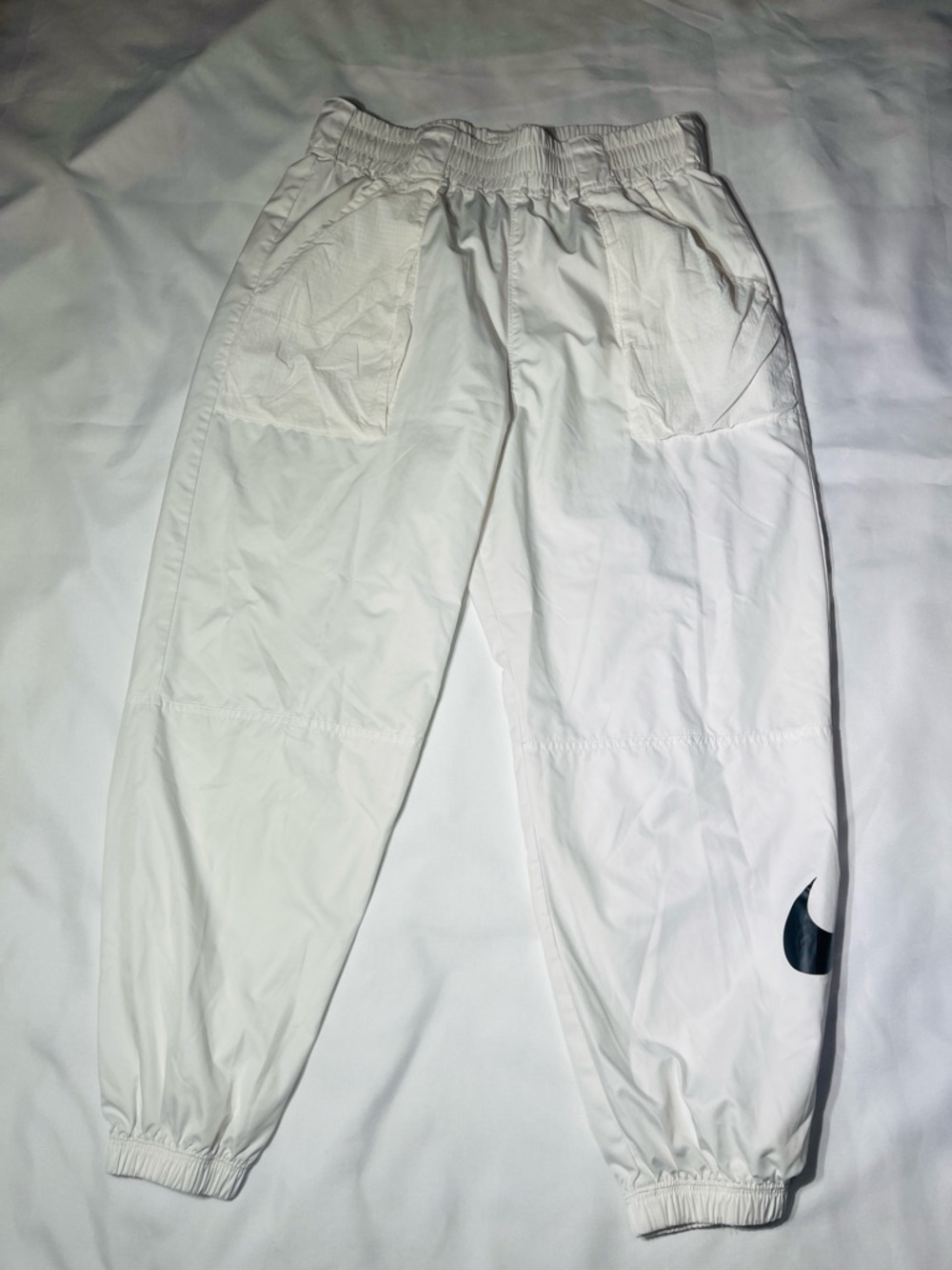 Nike White Elastic Waist Jogger Pants with Black Swoosh
